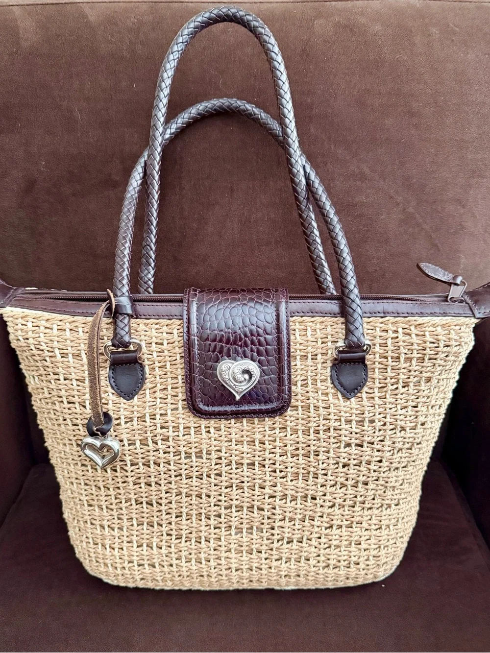 Brighton Penelope Woven Straw Shoulder Tote Dark Brown Trim and SilverHeartLogo